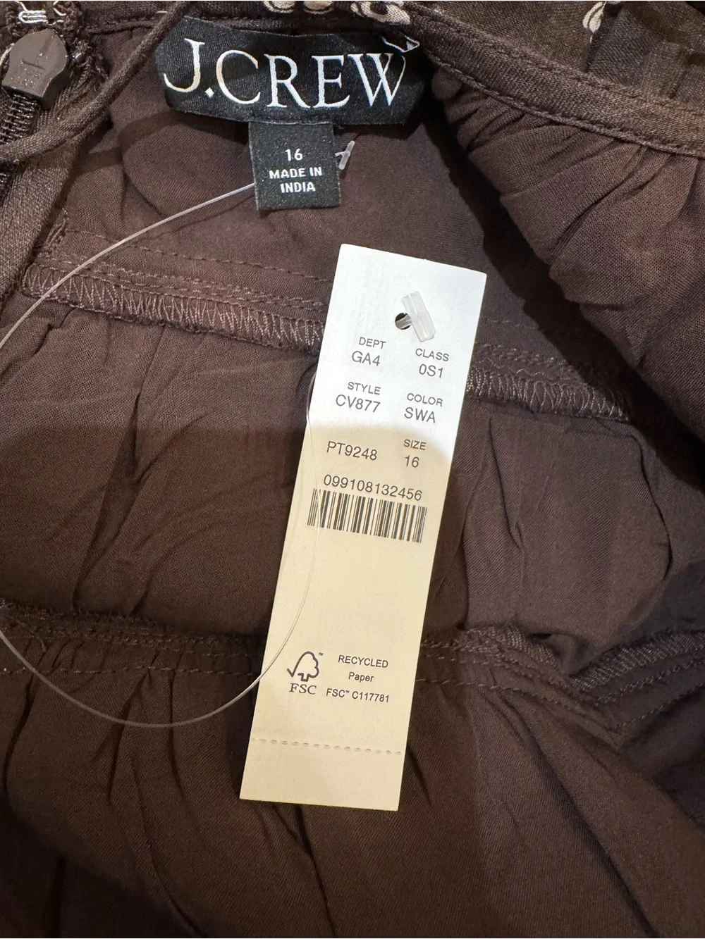 J. Crew SZ1 16 Brown Sleeveless Midi Dress with Ivory Motifs 100% Ramie NWT